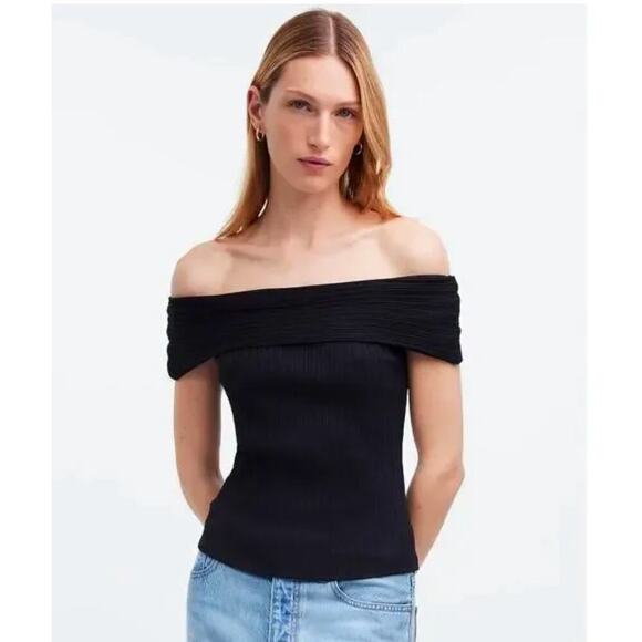 Madewell Ribbed Off-the-Shoulder Top Black Medium - Picture 1 of 5